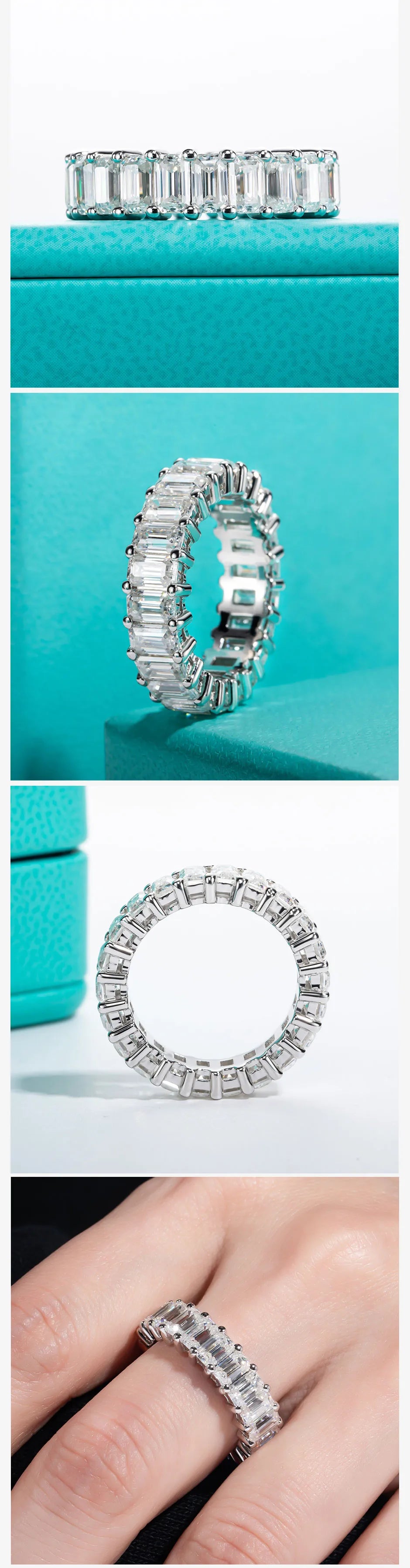 AnuJewel 3*5mm 8.1cttw Emerald Moissanite Eternity Ring 925 Sterling Silver D Color Created Diamond Wedding Band Ring For Women