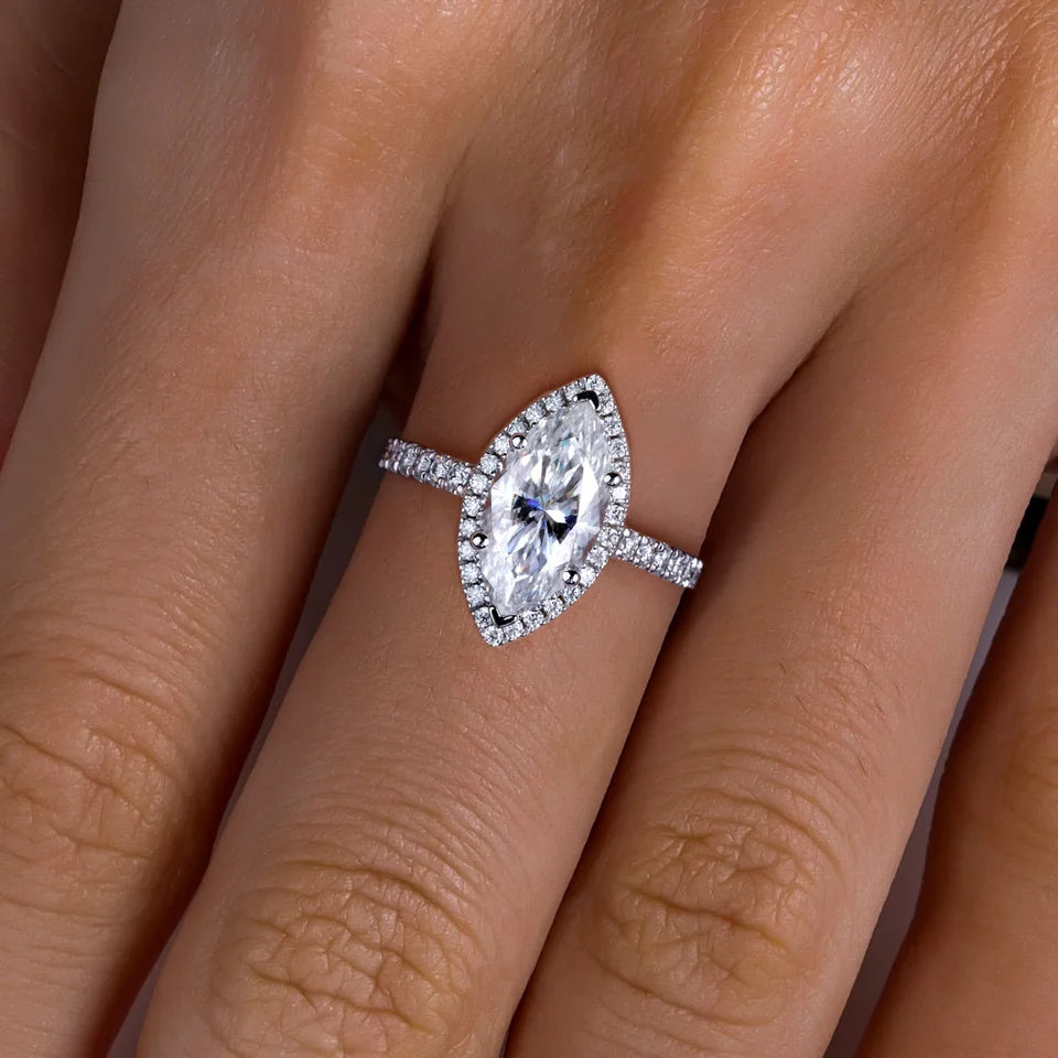 AnuJewel 3ct D Color Marquise Cut Moissanite Halo Engagement Wedding Ring 925 Sterling Silver Rings for Women Gift Jewelry