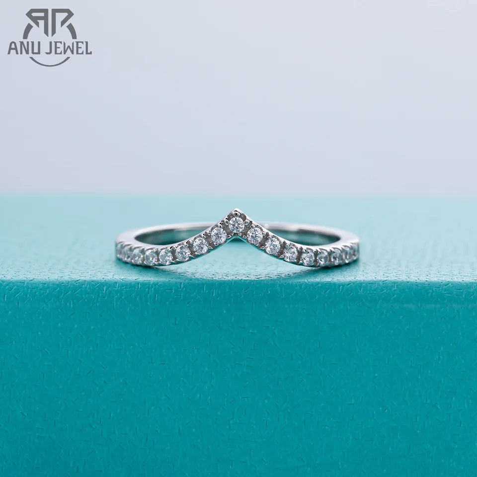 AnuJewel D Color Moissanite Diamond 18K White Gold Plated V Row Ring Classic Style Engagement Wedding Rings