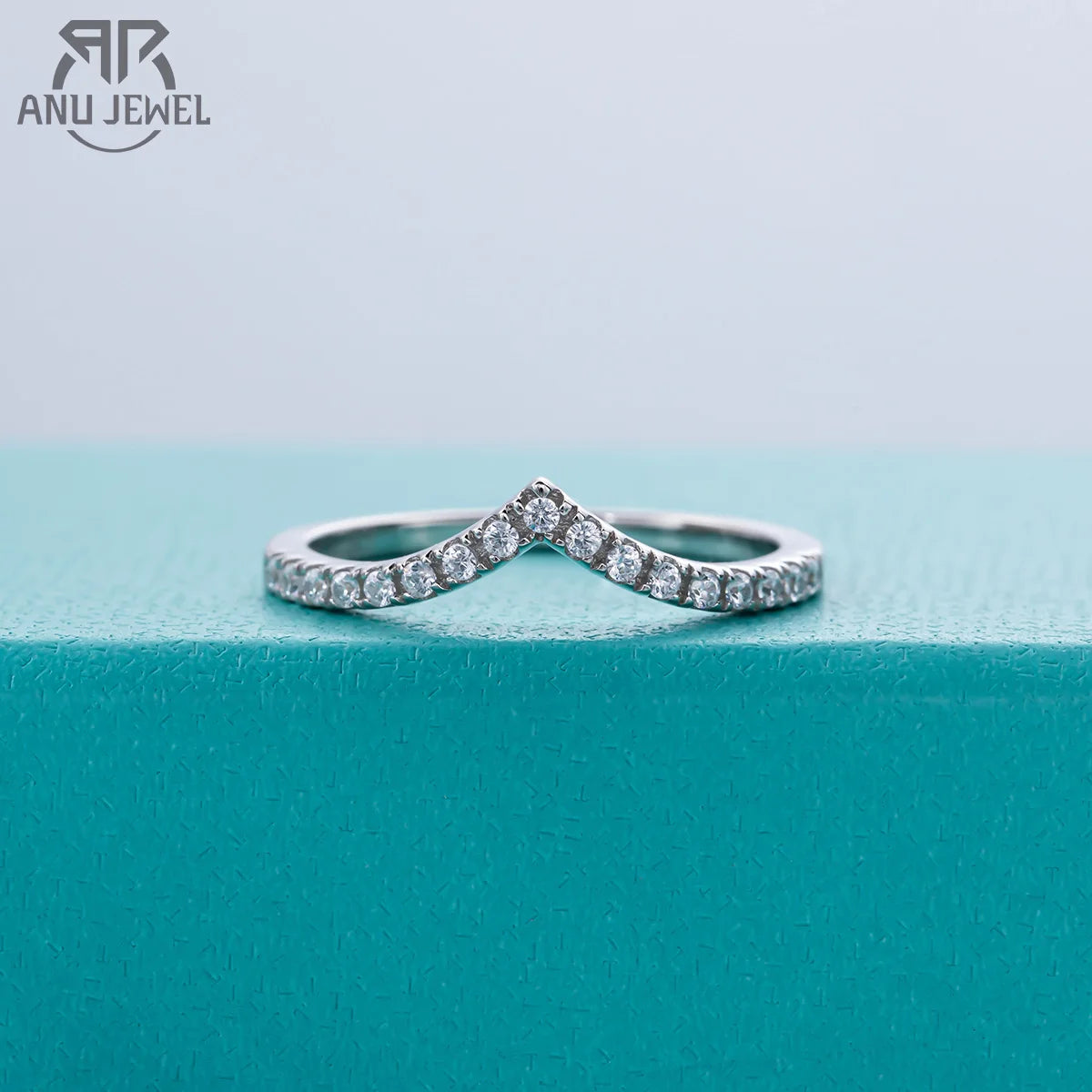 AnuJewel D Color Moissanite Diamond 18K White Gold Plated V Row Ring Classic Style Engagement Wedding Rings