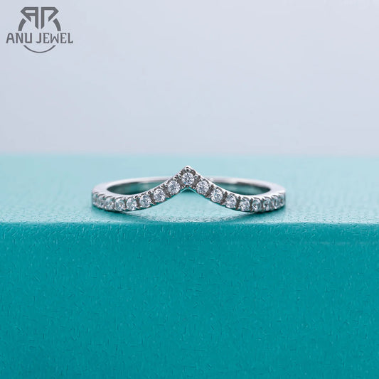 AnuJewel D Color Moissanite Diamond 18K White Gold Plated V Row Ring Classic Style Engagement Wedding Rings