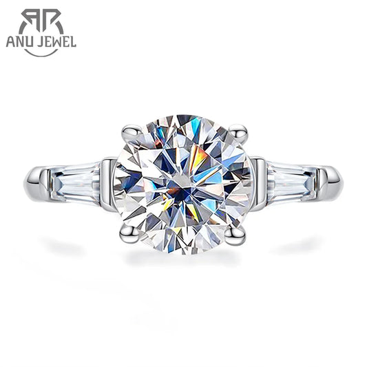 AnuJewel 3ct Moissanite Engagement  Ring  D Color 925 Sterling Silver With Certificate 3-Stone Wedding Rings For Women