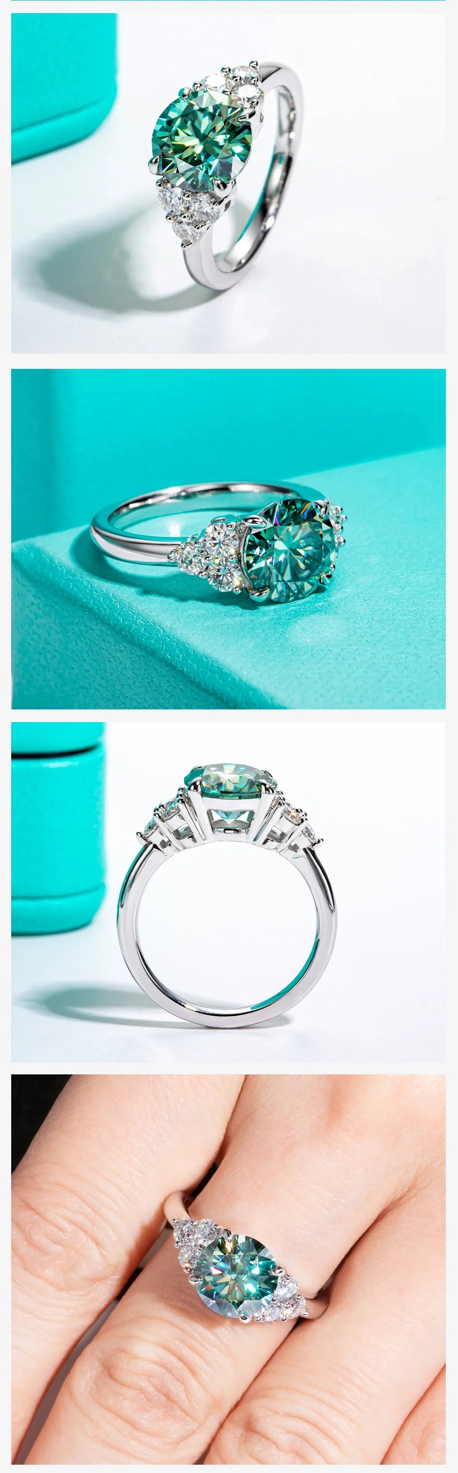 AnuJewel 3ct Round Cut Blue Green Color Moissanite Engagement Ring 18K Gold Plated Silver Luxury Wedding Ring Jewelry  Wholesale