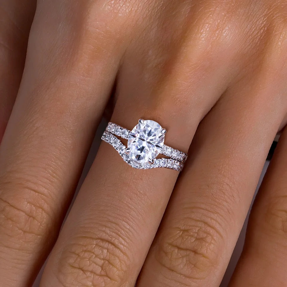 AnuJewel 3ct (Total 3.64ct) Oval Cut D Color Moissanite Bridal Ring Set Wedding Band Silver Rings With Cer Jewelry Wholesale