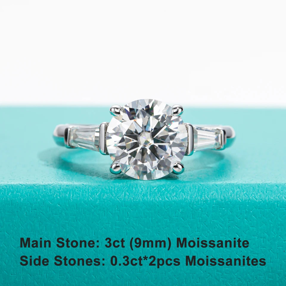AnuJewel 3ct Moissanite Engagement  Ring  D Color 925 Sterling Silver With Certificate 3-Stone Wedding Rings For Women