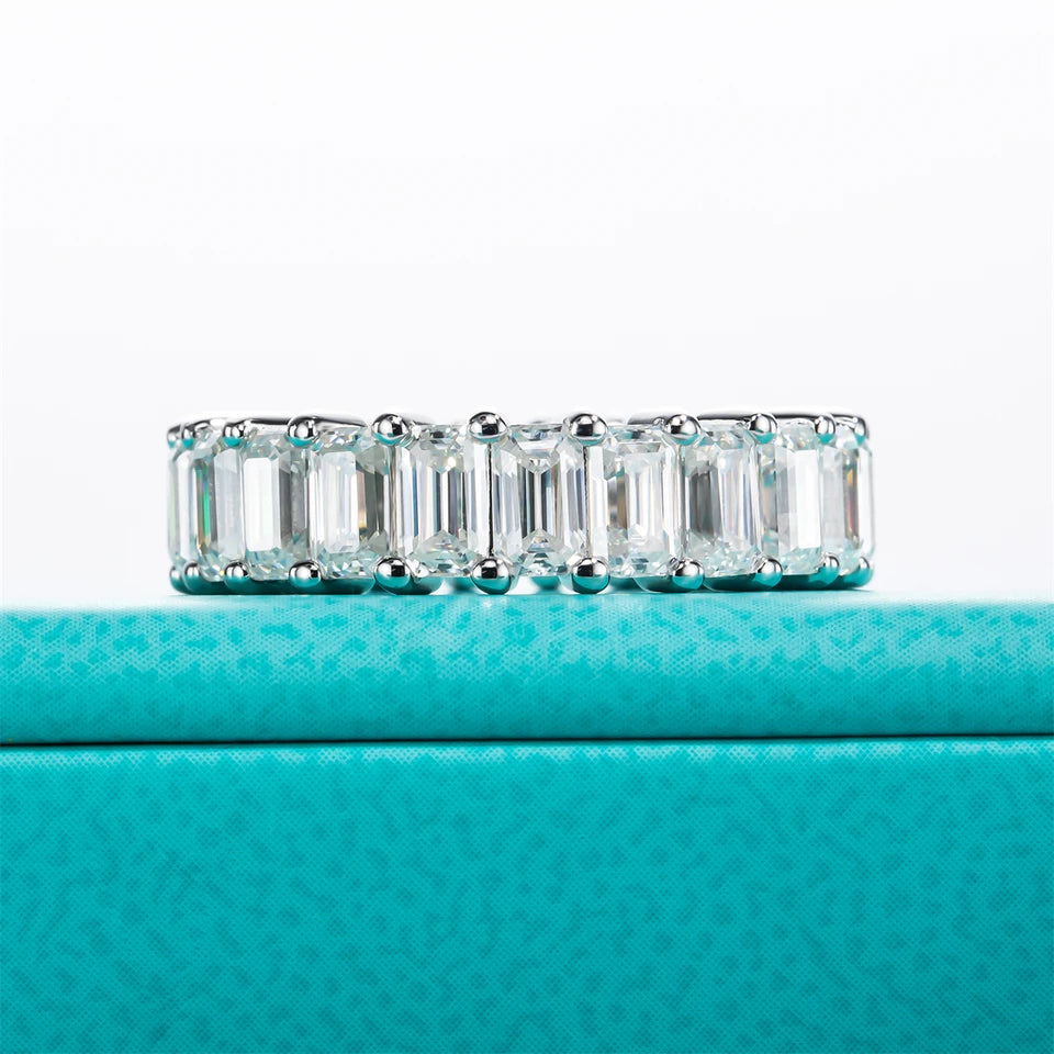 AnuJewel 3*5mm 8.1cttw Emerald Moissanite Eternity Ring 925 Sterling Silver D Color Created Diamond Wedding Band Ring For Women