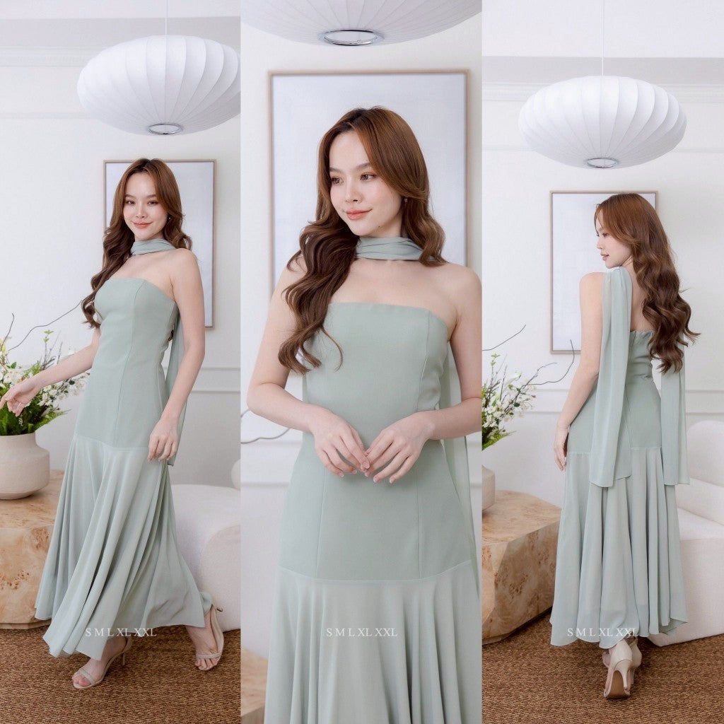 ชุดราตรี เดรสออกงาน เดรสยาว NP066 เกาะอก ปาดไหล่ ชายกระโปรงชีฟอง ผ้าพาดคอ พร้อมส่ง Dress ผู้หญิง