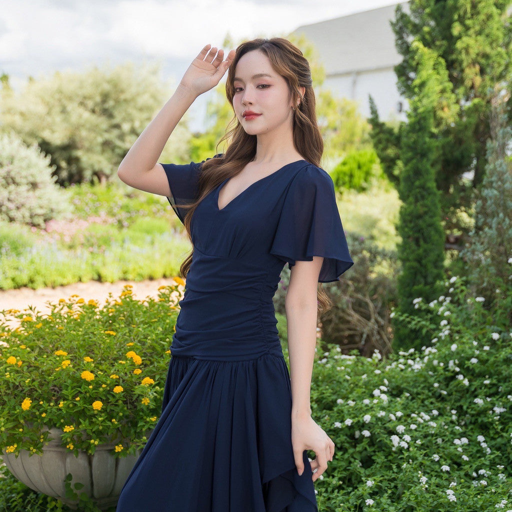 เดรสยาว ชุดราตรี Dress ชุดชีฟองหรู แขนสั้น MIRA กระโปรงรูด สะโพกฟรี พร้อมส่ง ใส่ออกงานแต่ง