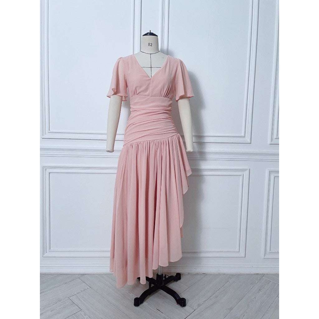 เดรสยาว ชุดราตรี Dress ชุดชีฟองหรู แขนสั้น MIRA กระโปรงรูด สะโพกฟรี พร้อมส่ง ใส่ออกงานแต่ง
