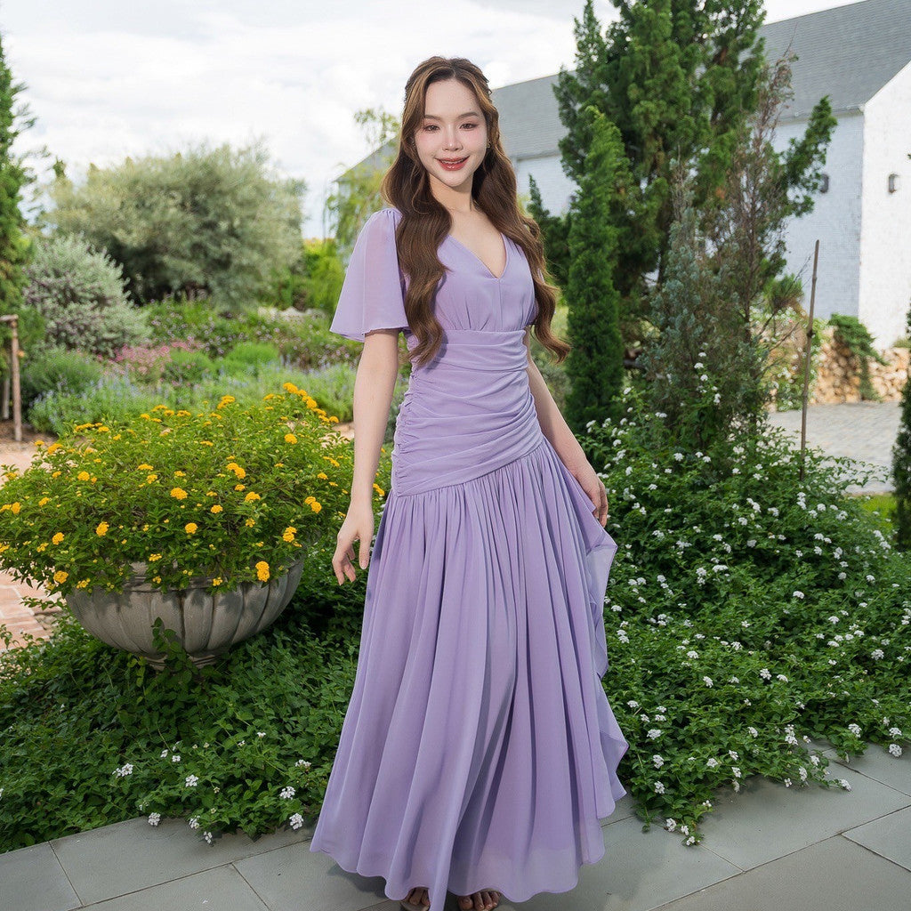 เดรสยาว ชุดราตรี Dress ชุดชีฟองหรู แขนสั้น MIRA กระโปรงรูด สะโพกฟรี พร้อมส่ง ใส่ออกงานแต่ง
