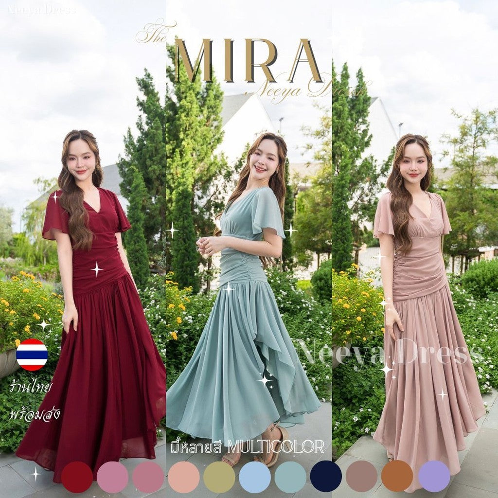 เดรสยาว ชุดราตรี Dress ชุดชีฟองหรู แขนสั้น MIRA กระโปรงรูด สะโพกฟรี พร้อมส่ง ใส่ออกงานแต่ง