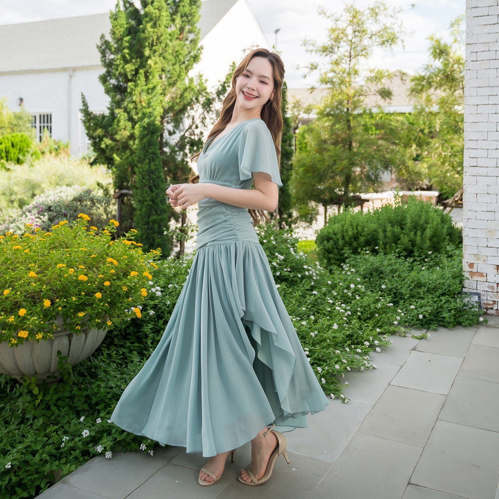 เดรส เดรสออกงาน ชุดชีฟองหรู แขนสั้น NP064 กระโปรงรูด มีซับในทั้งชุด สะโพกฟรี พร้อมส่ง ใส่ออกงานแต่ง