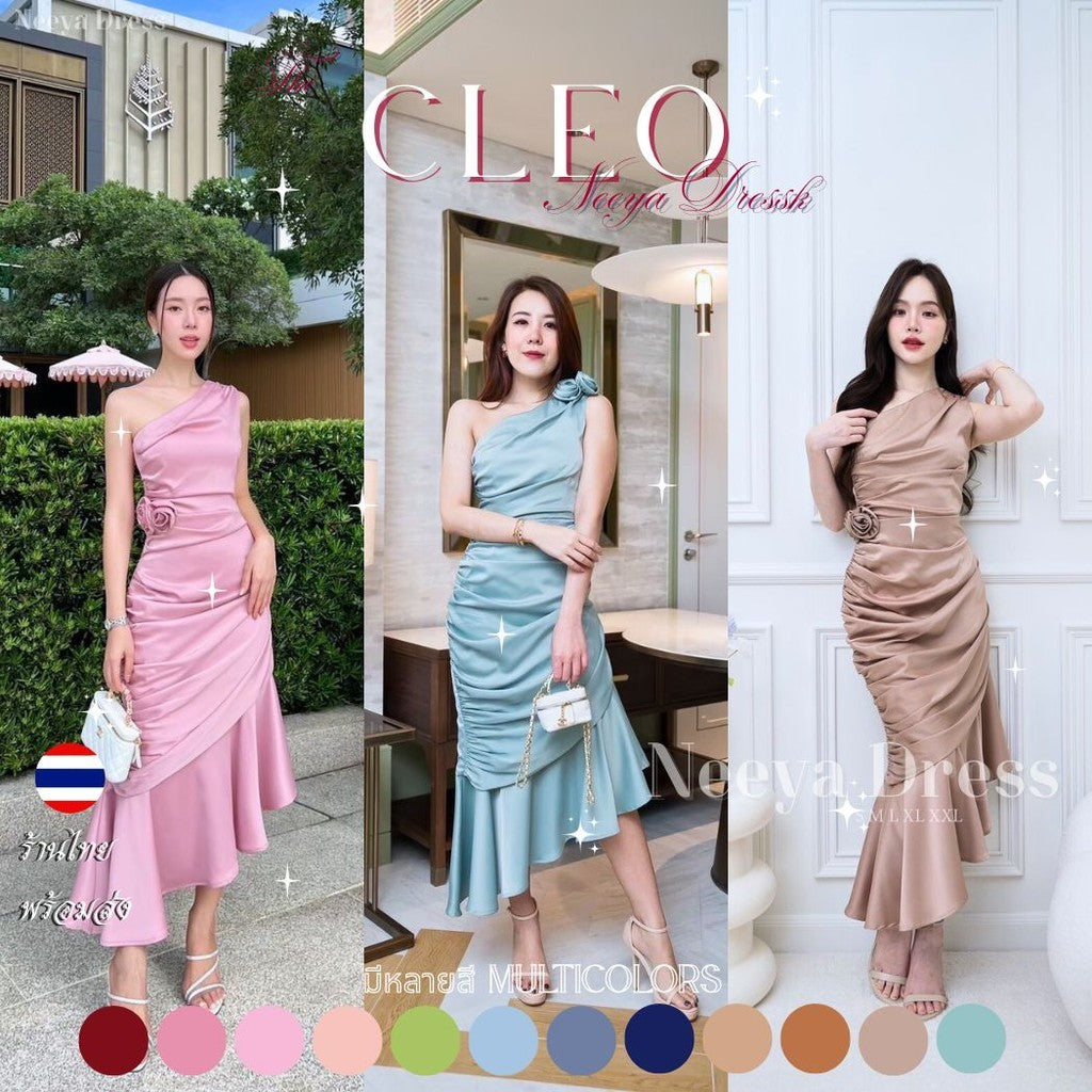 ชุดไปงานแต่ง ชุดเดรส ชุดออกงาน ชุดราตรี CLEO พรีเมี่ยม ไหล่เบี่ยงจีบข้าง มีดอกไม้ Woman Dresses