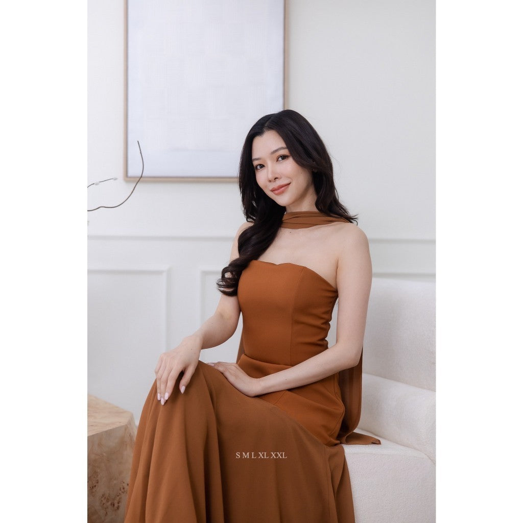 ชุดราตรี เดรสออกงาน เดรสยาว NP066 เกาะอก ปาดไหล่ ชายกระโปรงชีฟอง ผ้าพาดคอ พร้อมส่ง Dress ผู้หญิง