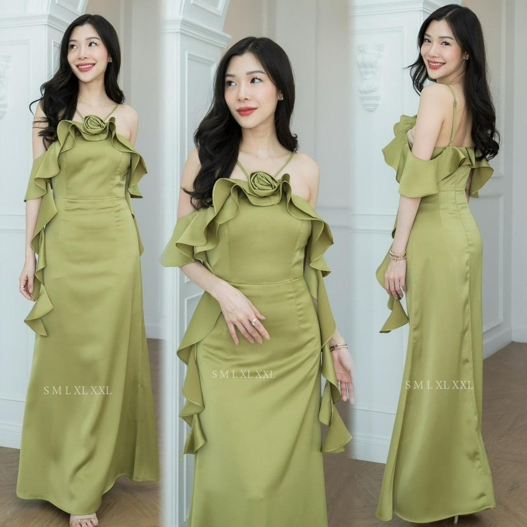ชุดเดรส ชุดราตรี ชุดไปงานแต่ง พรีเมี่ยม มีสายเกลียว สายคล้องคอ มีดอกไม้ งานแต่งงาน Woman Dress