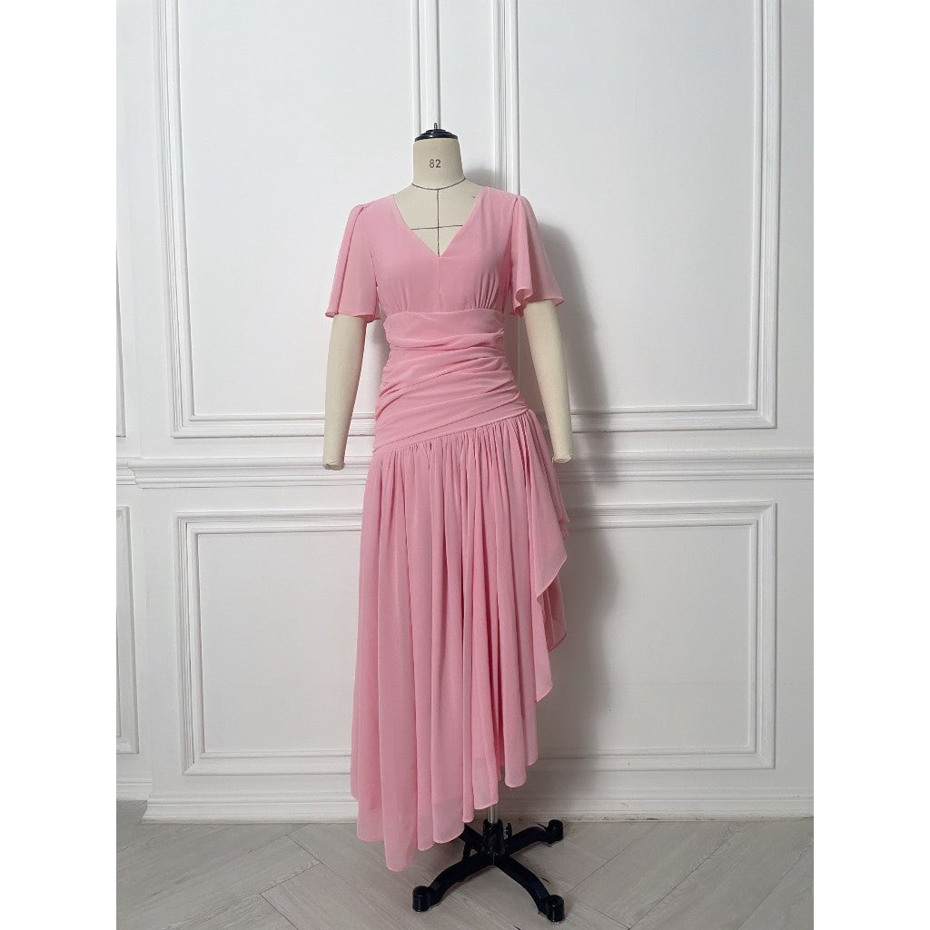 เดรสยาว ชุดราตรี Dress ชุดชีฟองหรู แขนสั้น MIRA กระโปรงรูด สะโพกฟรี พร้อมส่ง ใส่ออกงานแต่ง