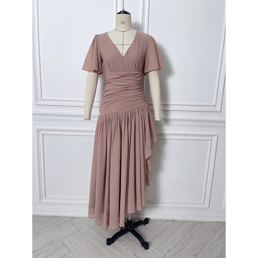 เดรสยาว ชุดราตรี Dress ชุดชีฟองหรู แขนสั้น MIRA กระโปรงรูด สะโพกฟรี พร้อมส่ง ใส่ออกงานแต่ง
