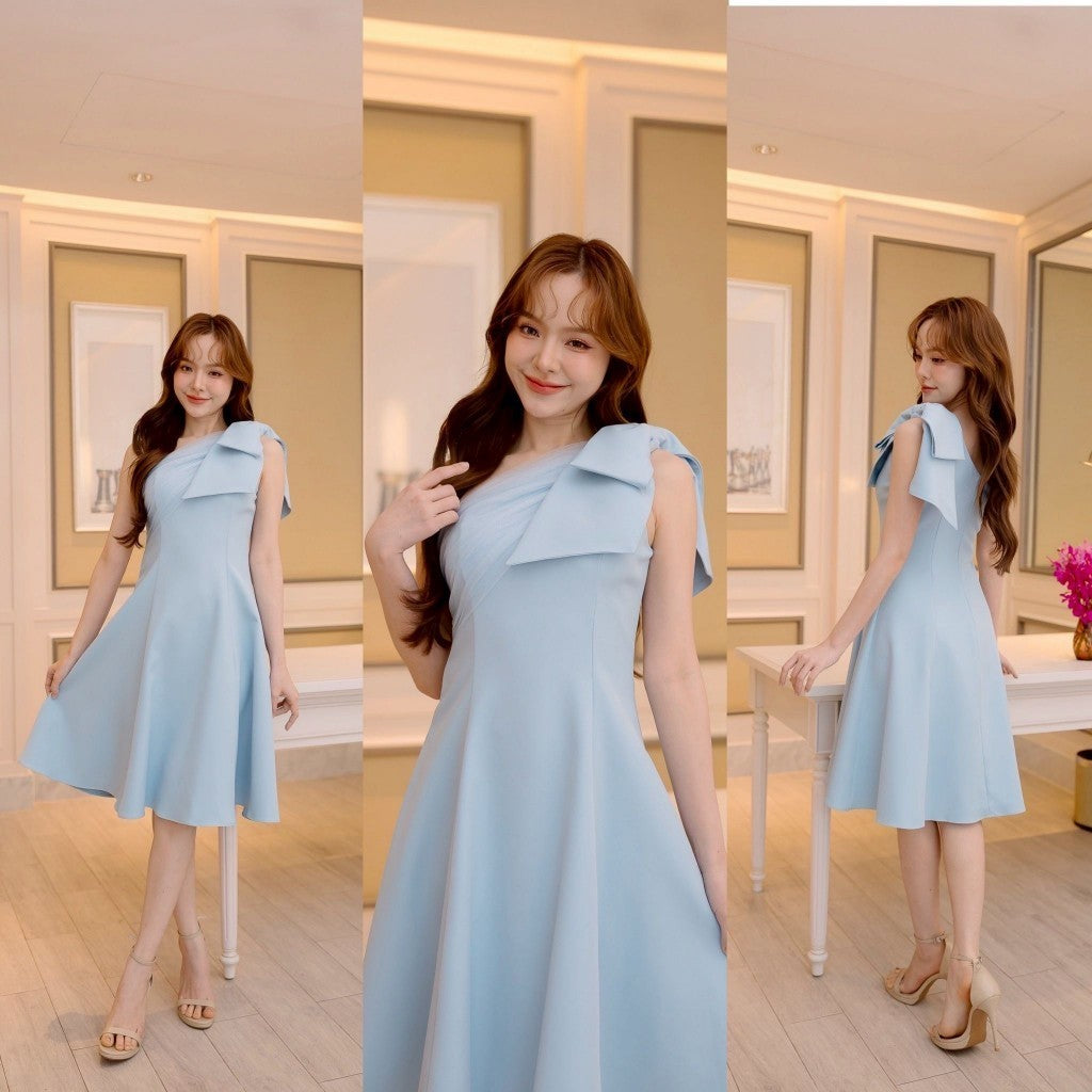 เดรสสั้น เดรสน่ารักๆ เดรสออกงาน ชุดราตรี NINA เดรส กระโปรงสั้น ไหล่เบี่ยง มีโบว์ Woman Dress ผู้หญิง