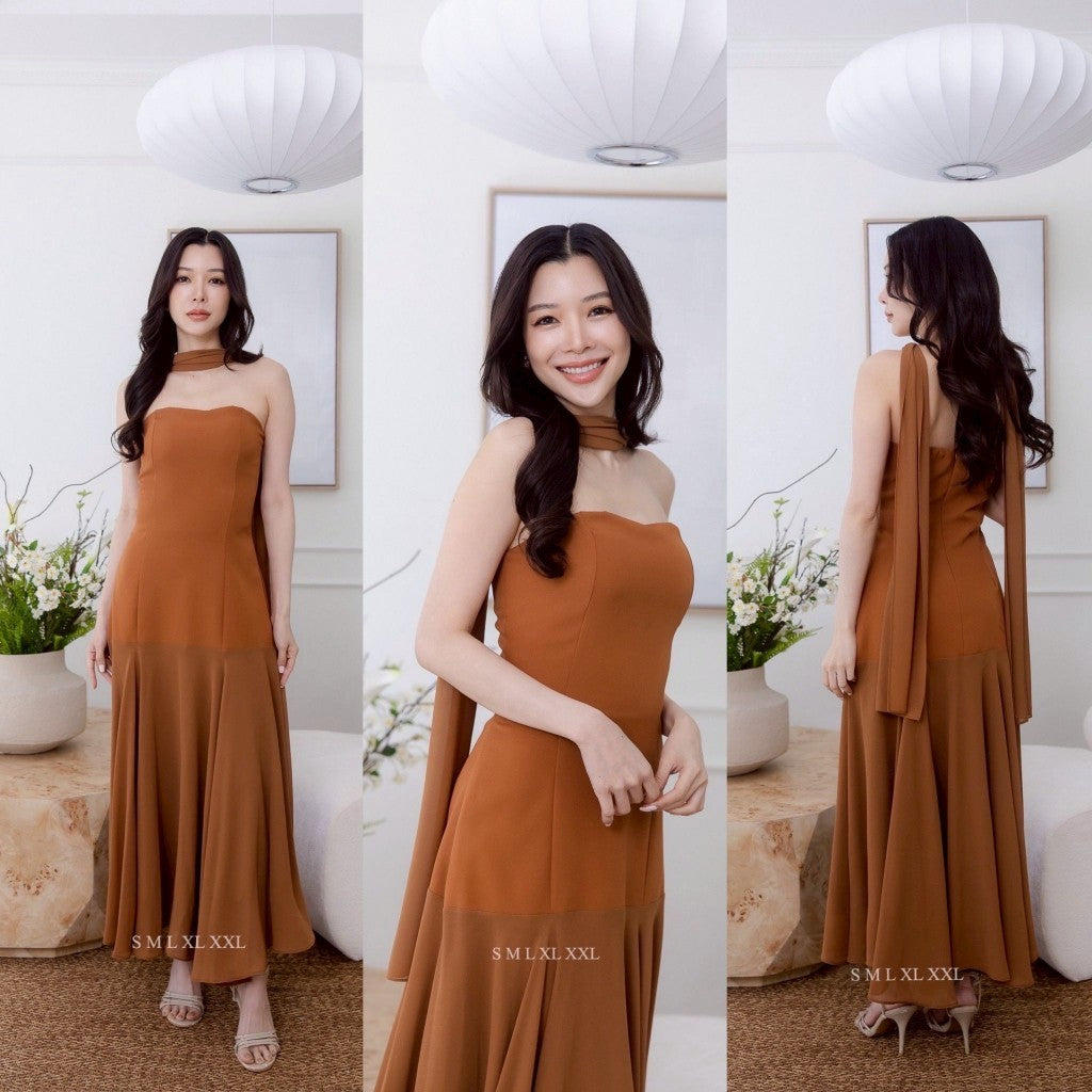 ชุดราตรี เดรสออกงาน เดรสยาว NP066 เกาะอก ปาดไหล่ ชายกระโปรงชีฟอง ผ้าพาดคอ พร้อมส่ง Dress ผู้หญิง