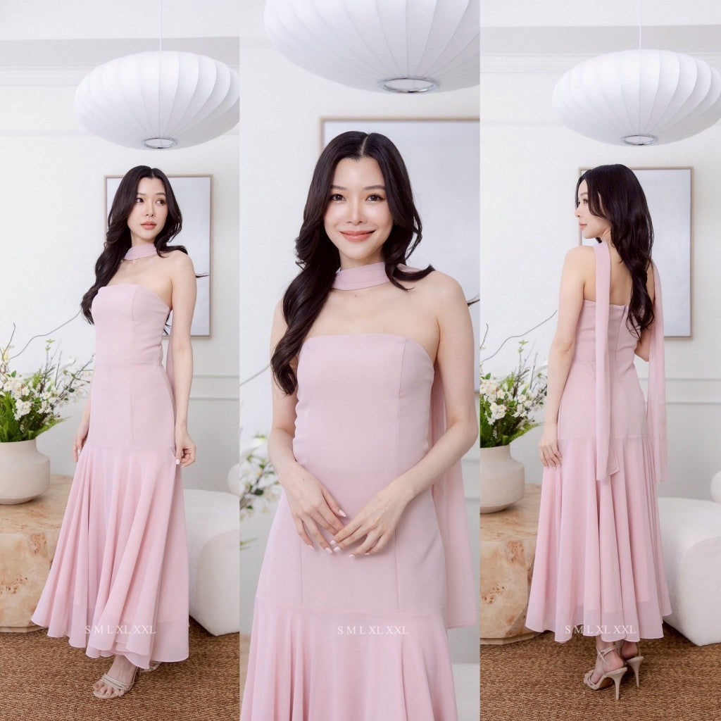 ชุดราตรี เดรสออกงาน เดรสยาว NP066 เกาะอก ปาดไหล่ ชายกระโปรงชีฟอง ผ้าพาดคอ พร้อมส่ง Dress ผู้หญิง