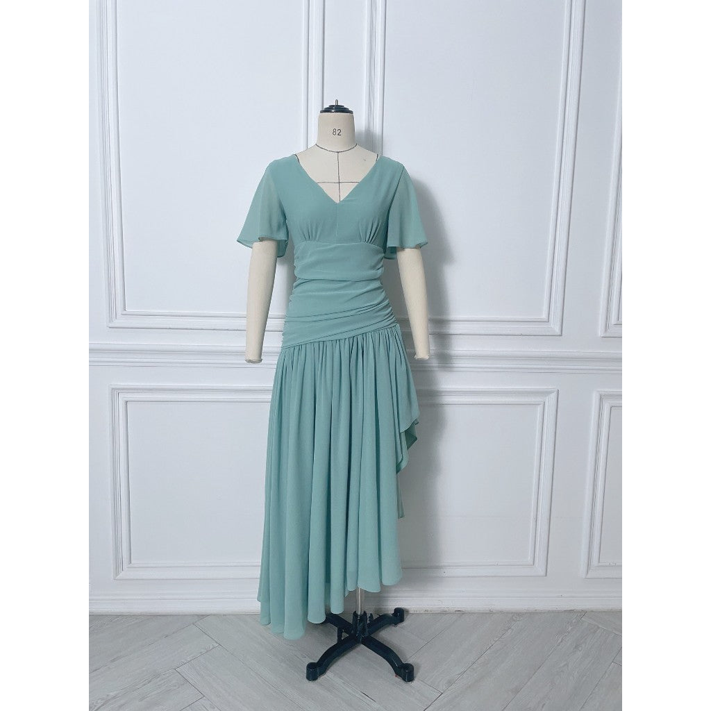 เดรสยาว ชุดราตรี Dress ชุดชีฟองหรู แขนสั้น MIRA กระโปรงรูด สะโพกฟรี พร้อมส่ง ใส่ออกงานแต่ง