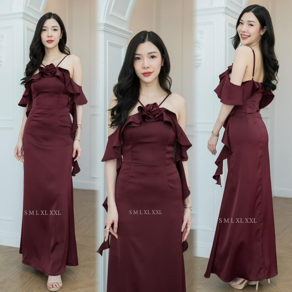 ชุดเดรส ชุดราตรี ชุดไปงานแต่ง พรีเมี่ยม มีสายเกลียว สายคล้องคอ มีดอกไม้ งานแต่งงาน Woman Dress