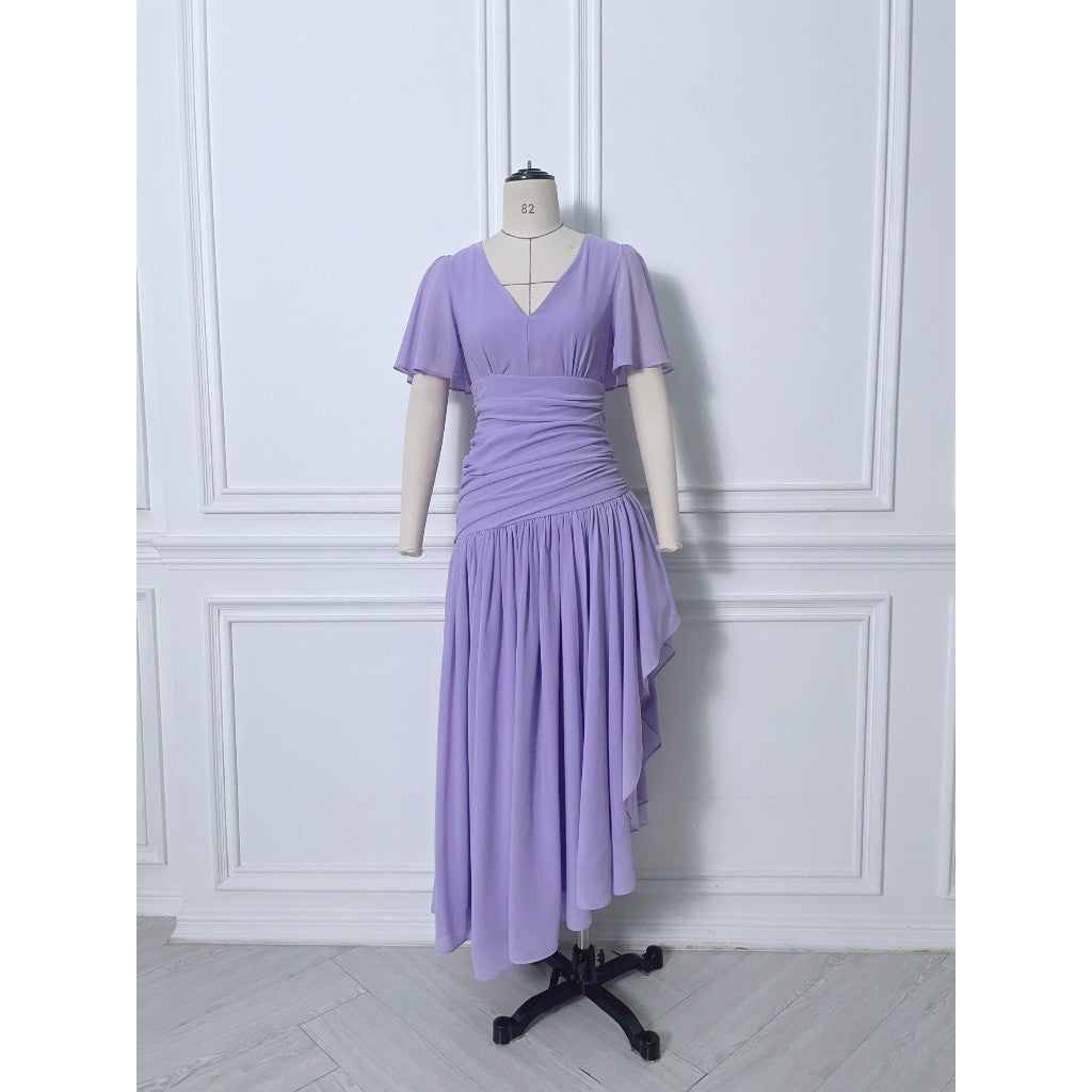 เดรสยาว ชุดราตรี Dress ชุดชีฟองหรู แขนสั้น MIRA กระโปรงรูด สะโพกฟรี พร้อมส่ง ใส่ออกงานแต่ง