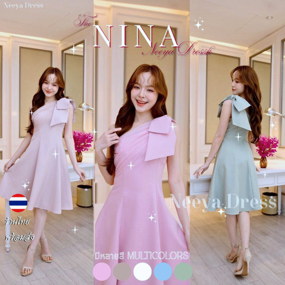 เดรสสั้น เดรสน่ารักๆ เดรสออกงาน ชุดราตรี NINA เดรส กระโปรงสั้น ไหล่เบี่ยง มีโบว์ Woman Dress ผู้หญิง