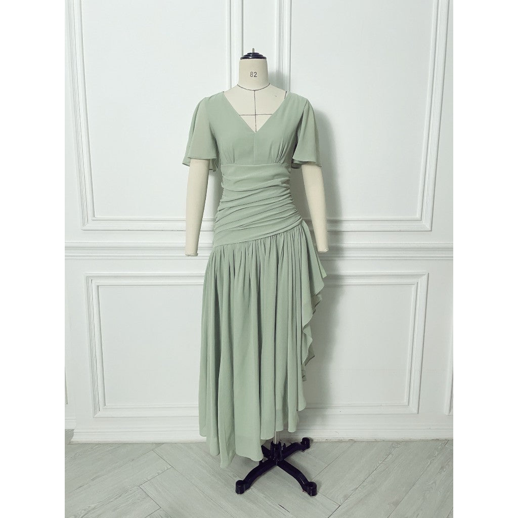 เดรสยาว ชุดราตรี Dress ชุดชีฟองหรู แขนสั้น MIRA กระโปรงรูด สะโพกฟรี พร้อมส่ง ใส่ออกงานแต่ง