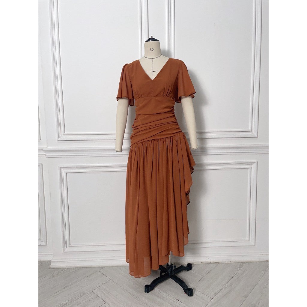 เดรสยาว ชุดราตรี Dress ชุดชีฟองหรู แขนสั้น MIRA กระโปรงรูด สะโพกฟรี พร้อมส่ง ใส่ออกงานแต่ง