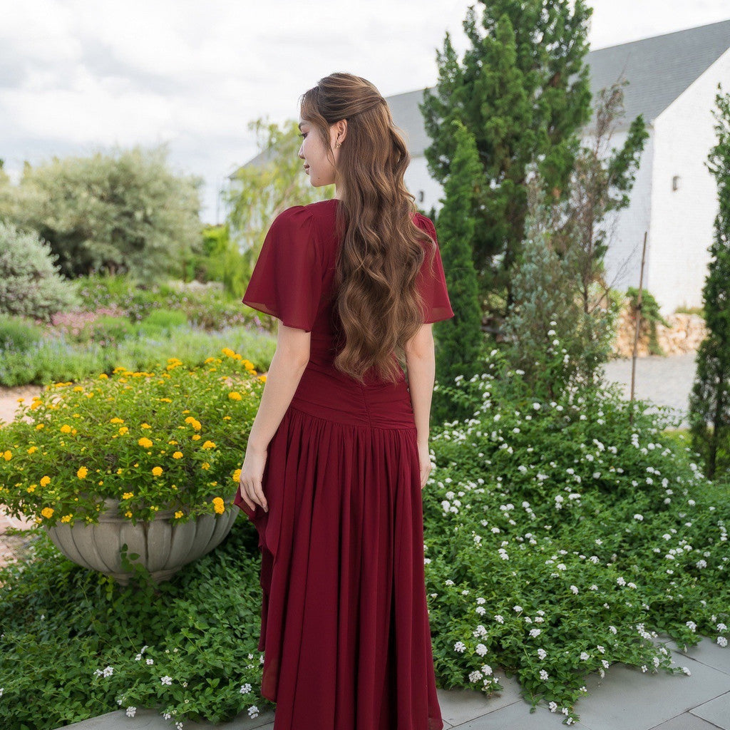 เดรสยาว ชุดราตรี Dress ชุดชีฟองหรู แขนสั้น MIRA กระโปรงรูด สะโพกฟรี พร้อมส่ง ใส่ออกงานแต่ง
