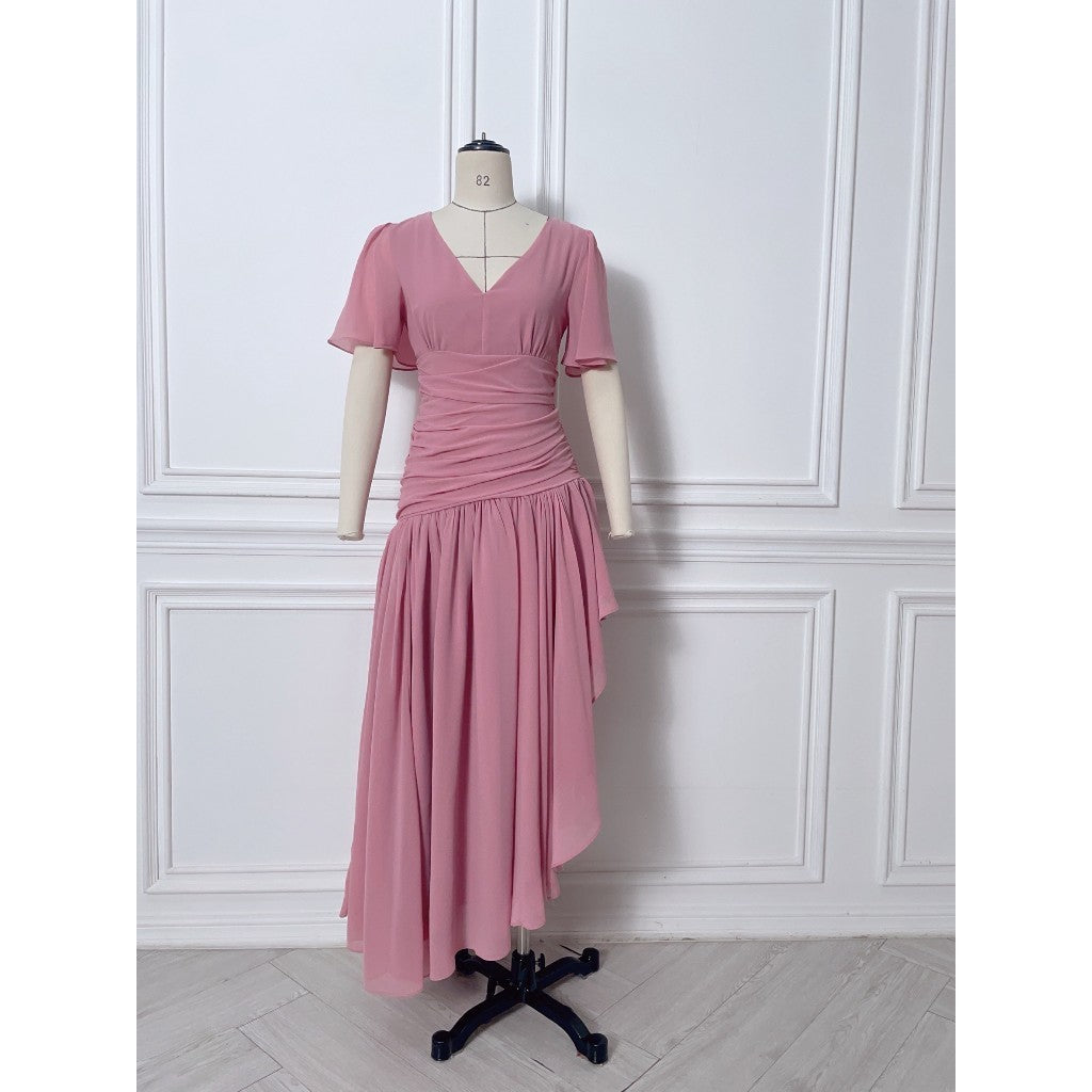 เดรสยาว ชุดราตรี Dress ชุดชีฟองหรู แขนสั้น MIRA กระโปรงรูด สะโพกฟรี พร้อมส่ง ใส่ออกงานแต่ง