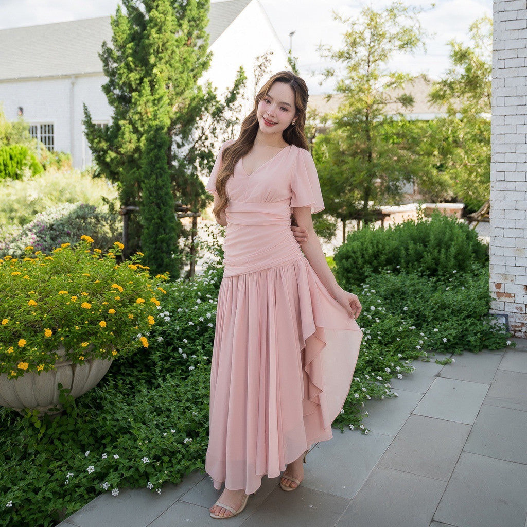 เดรสยาว ชุดราตรี Dress ชุดชีฟองหรู แขนสั้น MIRA กระโปรงรูด สะโพกฟรี พร้อมส่ง ใส่ออกงานแต่ง