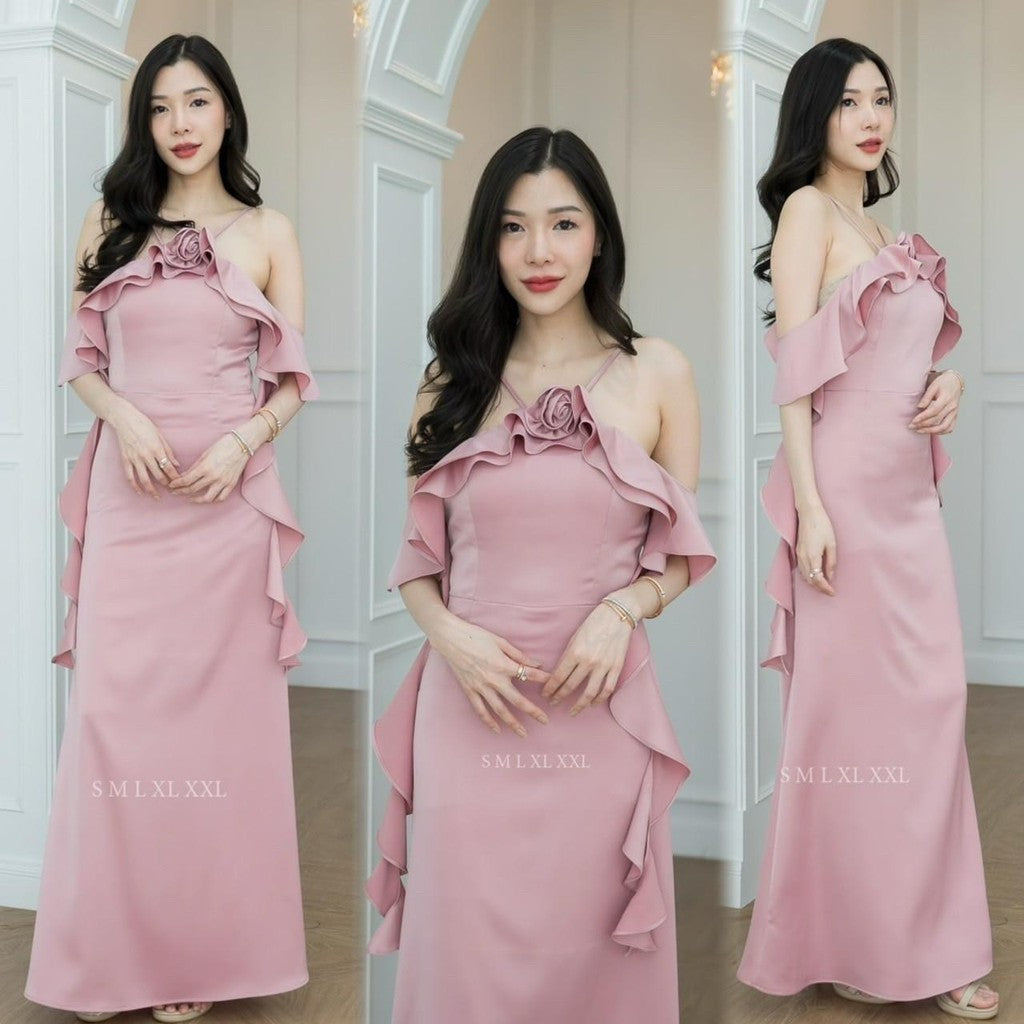 ชุดเดรส ชุดราตรี ชุดไปงานแต่ง พรีเมี่ยม มีสายเกลียว สายคล้องคอ มีดอกไม้ งานแต่งงาน Woman Dress