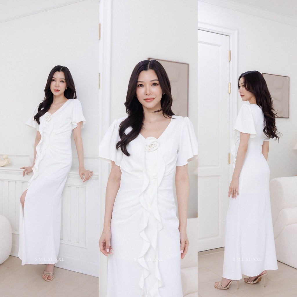 เดรสยาว ชุดราตรี ชุดออกงาน Pearl เรียบร้อย แขนสั้น คอวี จีบพรางหน้าท้อง ดอกไม้ ชุดราตรี Woman Dress