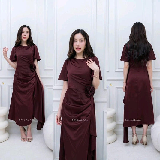 เดรสยาว ชุดออกงาน ชุดราตรียาว BELLE ผ้าเครปซาติน คอกลม สไบข้างกระโปรง ซับใน ซิปหลัง ผู้หญิง Dress