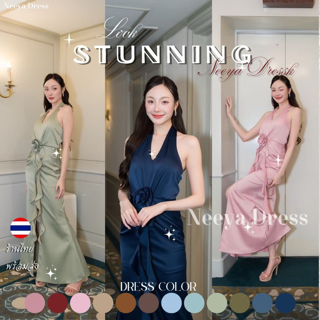เดรส พร้อมส่ง เดรสยาว ชุดออกงานยาว Stunning คล้องคอ ผูกด้านหลัง ชุดเดรส พร้อมส่ง ผู้หญิง Dress Woman