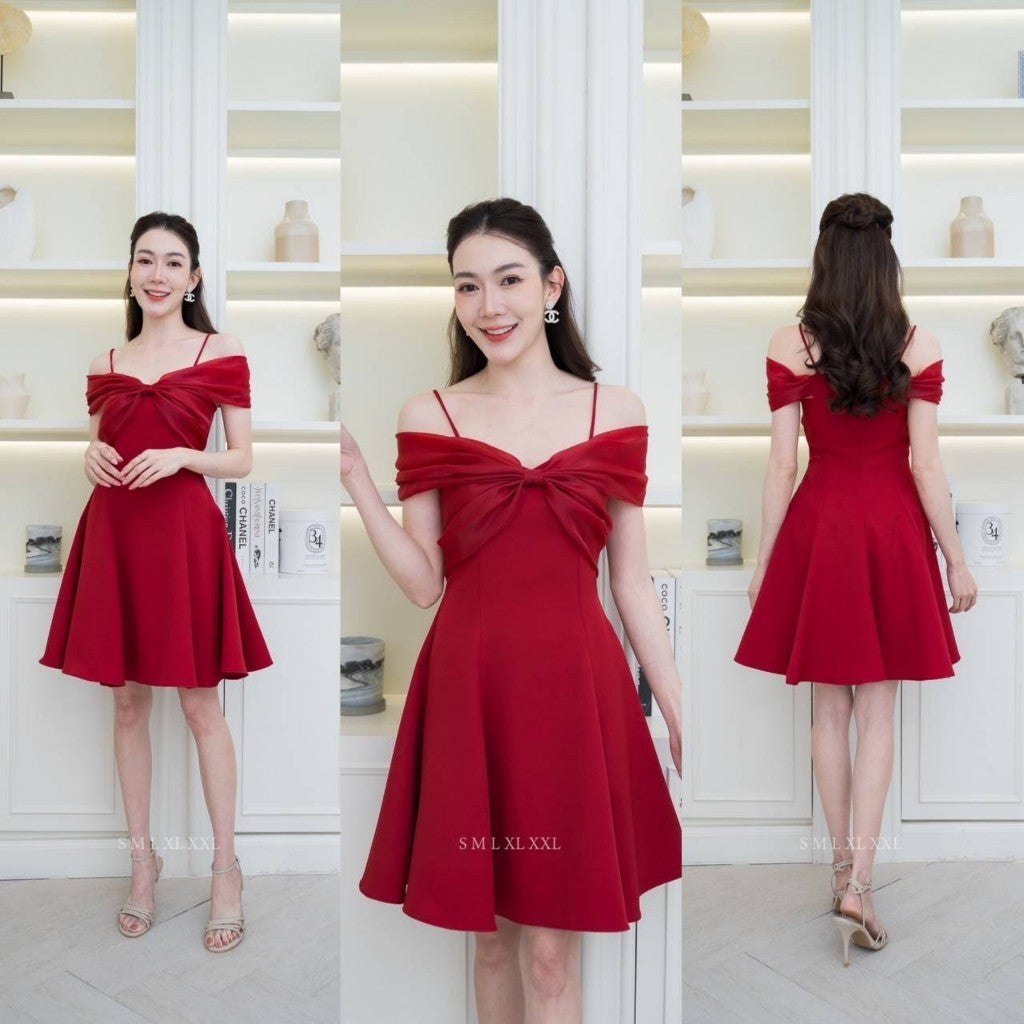 เดรสสั้น ชุดเดรส ชุดออกงาน BLOSSOM ผ้าโคโค่ สายเดี่ยว แต่งโบว์มัดอก ออแกนดี้ Woman Dress ผู้หญิง