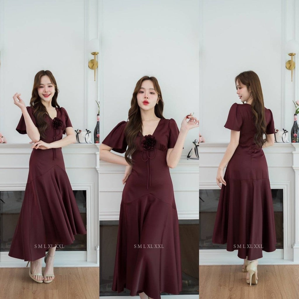 ชุดเดรส ชุดราตรี เดรส VIVA ผ้าเครปซาติน เดรสยาว แขนสั้น กระโปรงยาว ดอกไม้ Woman Dress ชุด ผู้หญิง