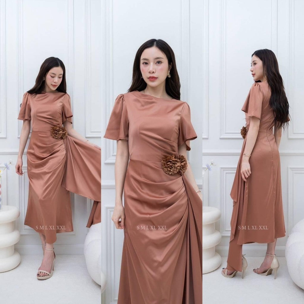 เดรสยาว ชุดออกงาน ชุดราตรียาว BELLE ผ้าเครปซาติน คอกลม สไบข้างกระโปรง ซับใน ซิปหลัง ผู้หญิง Dress