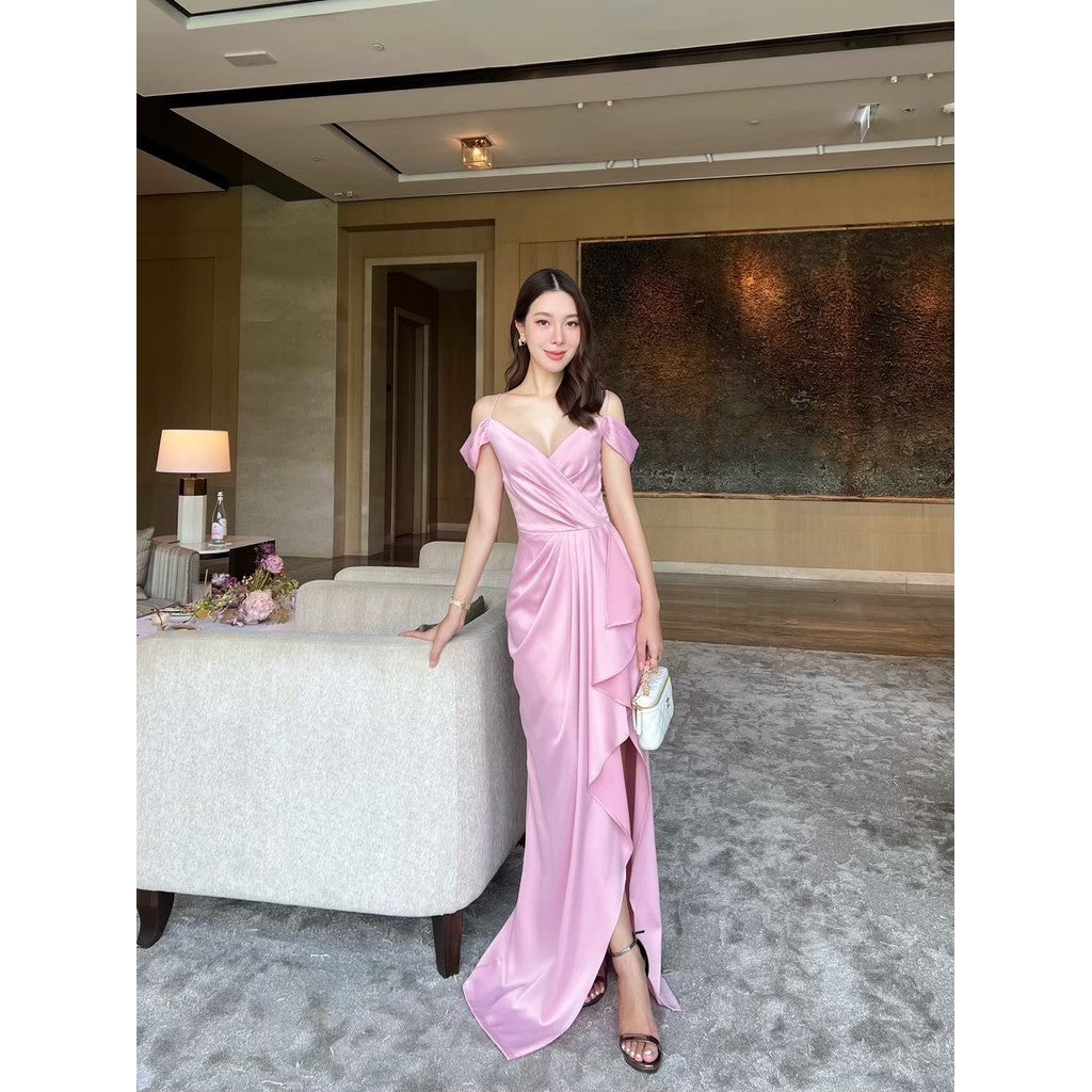 ชุดราตรี ชุดเดรสออกงาน เดรส DIVA Dress ผ้าเครปซาติน S-3XL สายเดี่ยว คล้องแขน เดรสยาว Woman Dresses