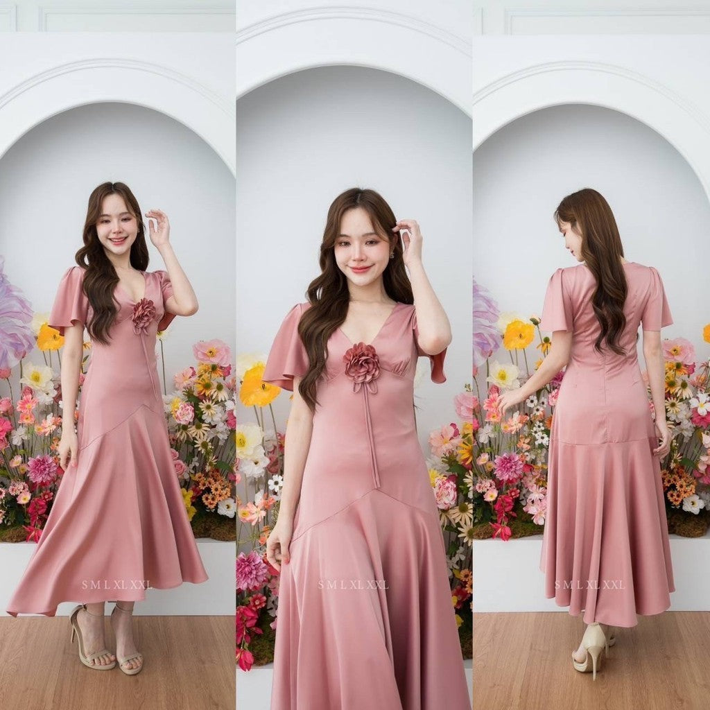 ชุดเดรส ชุดราตรี เดรส VIVA ผ้าเครปซาติน เดรสยาว แขนสั้น กระโปรงยาว ดอกไม้ Woman Dress ชุด ผู้หญิง