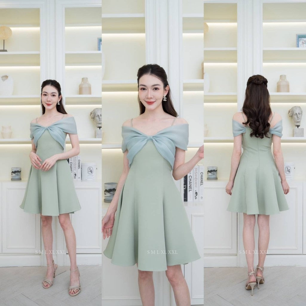 เดรสสั้น ชุดเดรส ชุดออกงาน BLOSSOM ผ้าโคโค่ สายเดี่ยว แต่งโบว์มัดอก ออแกนดี้ Woman Dress ผู้หญิง