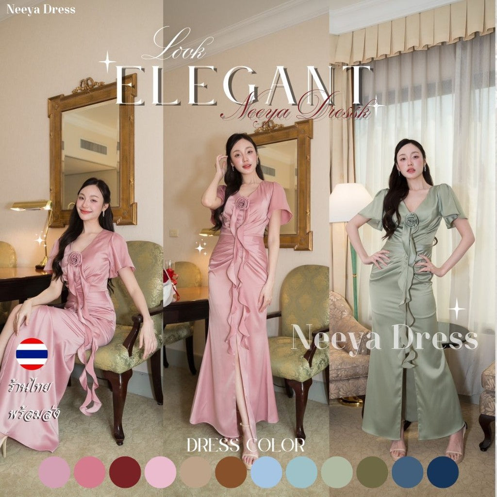 เดรสยาว ชุดราตรี เดรสงานแต่ง Elegant พรีเมี่ยม คอวีแขนสั้น จีบกระโปรง มีดอกไม้ สายเกลียวห้อย Woman Dress