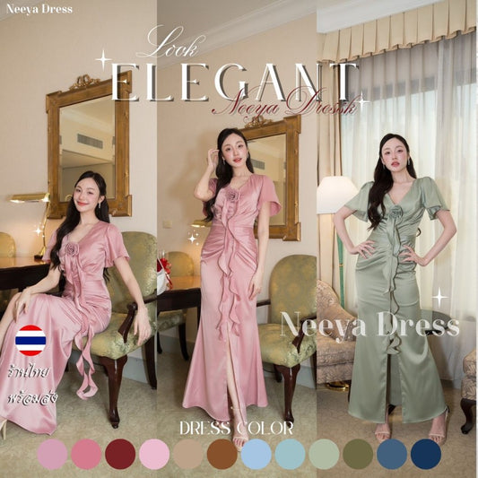เดรสยาว ชุดราตรี เดรสงานแต่ง Elegant พรีเมี่ยม คอวีแขนสั้น จีบกระโปรง มีดอกไม้ สายเกลียวห้อย Woman Dress