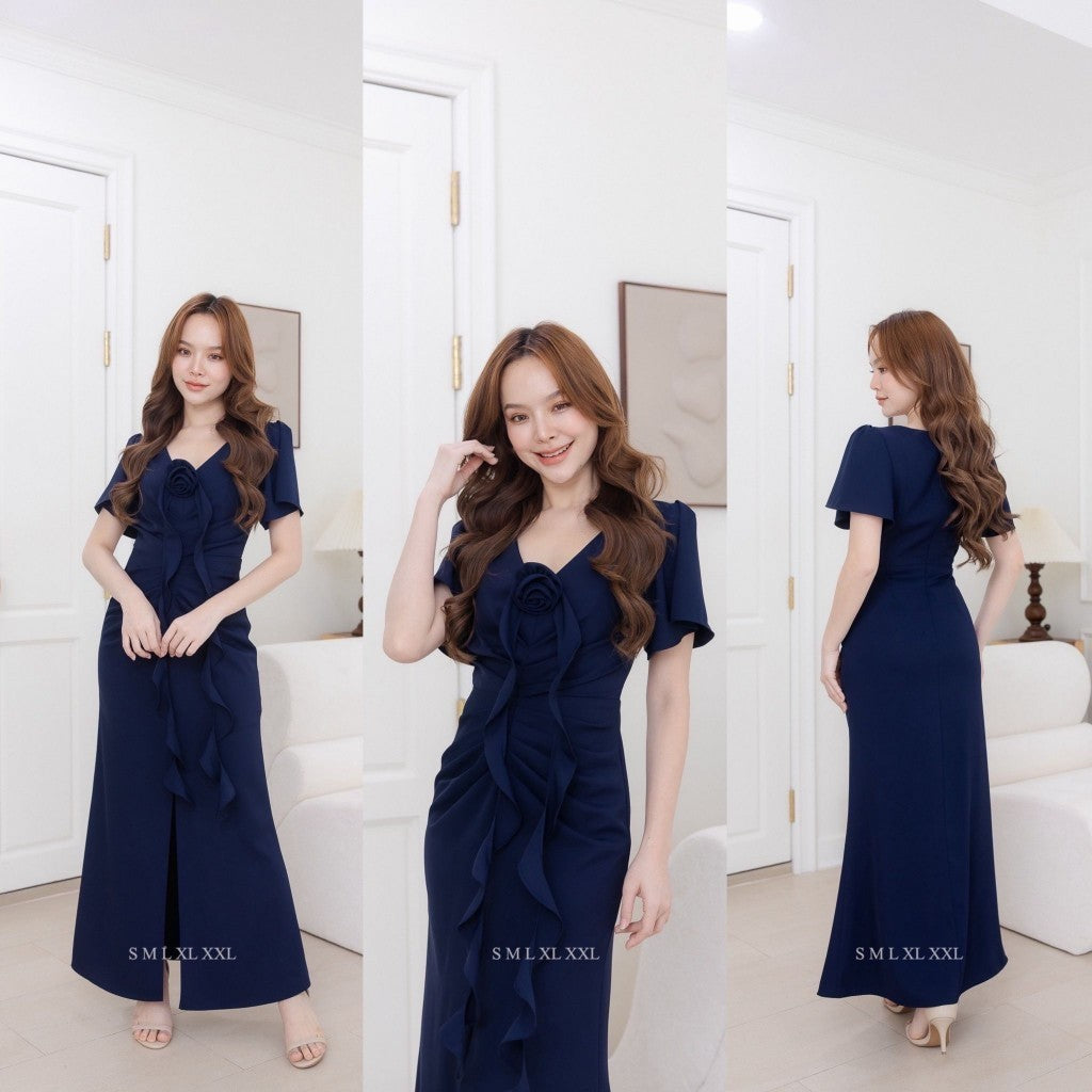 เดรสยาว ชุดราตรี ชุดออกงาน Pearl เรียบร้อย แขนสั้น คอวี จีบพรางหน้าท้อง ดอกไม้ ชุดราตรี Woman Dress