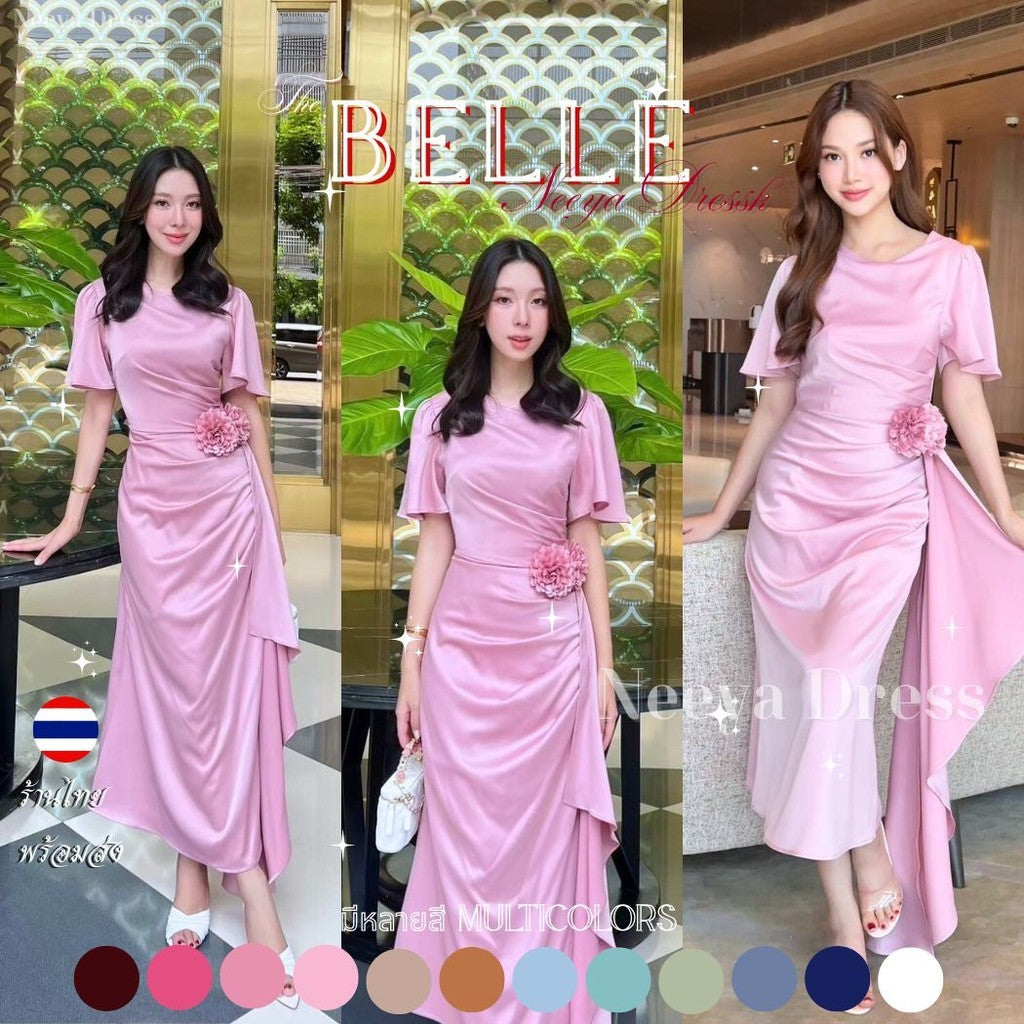 เดรสยาว ชุดออกงาน ชุดราตรียาว BELLE ผ้าเครปซาติน คอกลม สไบข้างกระโปรง ซับใน ซิปหลัง ผู้หญิง Dress