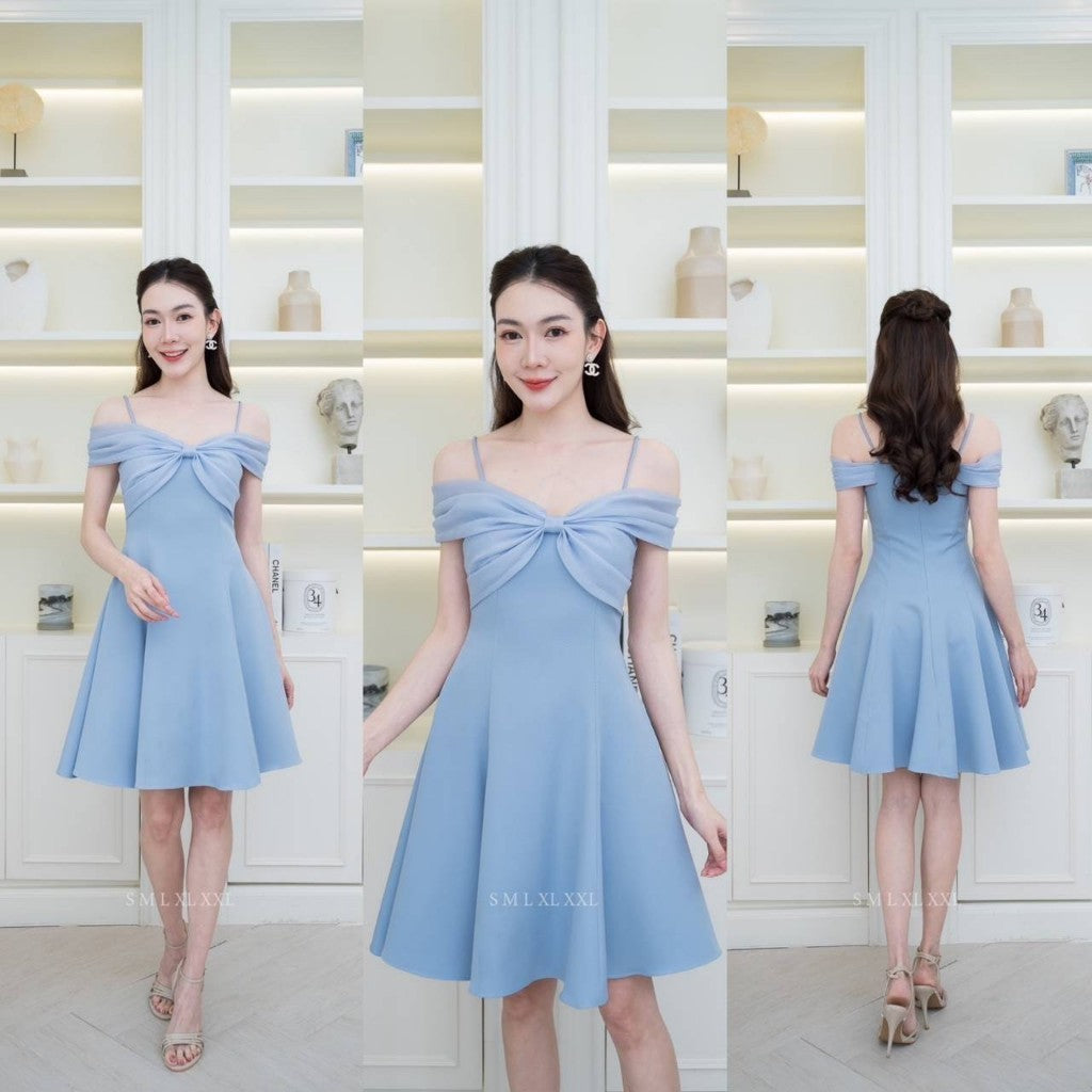 เดรสสั้น ชุดเดรส ชุดออกงาน BLOSSOM ผ้าโคโค่ สายเดี่ยว แต่งโบว์มัดอก ออแกนดี้ Woman Dress ผู้หญิง