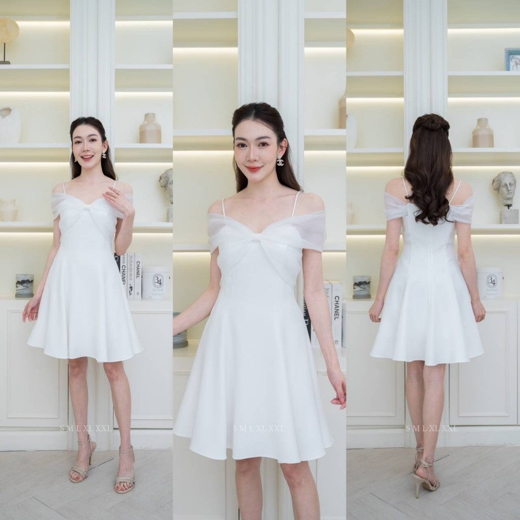เดรสสั้น ชุดเดรส ชุดออกงาน BLOSSOM ผ้าโคโค่ สายเดี่ยว แต่งโบว์มัดอก ออแกนดี้ Woman Dress ผู้หญิง