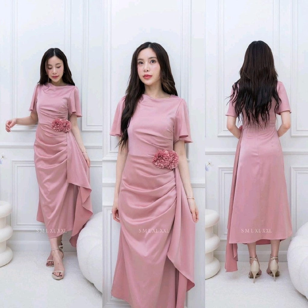 เดรสยาว ชุดออกงาน ชุดราตรียาว BELLE ผ้าเครปซาติน คอกลม สไบข้างกระโปรง ซับใน ซิปหลัง ผู้หญิง Dress